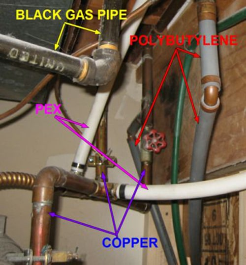 A cluttered array of pipes labeled with types: black gas, polybutylene, PEX, and copper in Calgary, AB