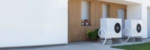 Brown and white wall with a heat pump that had a heat pump installation in Calgary, AB