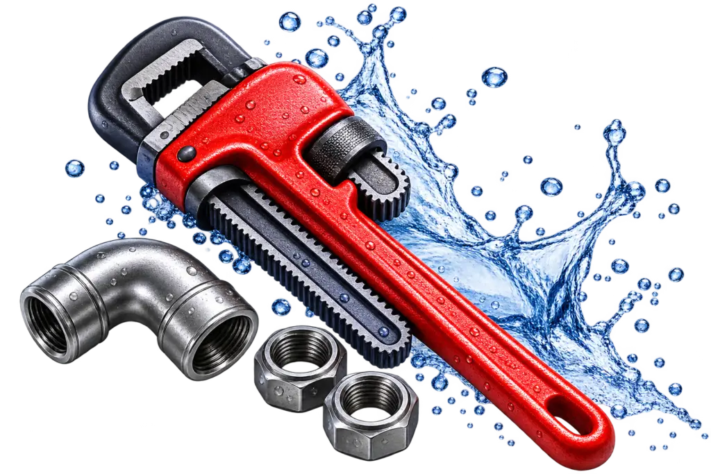Heavy-duty plumbing pipe wrench tightening threaded water pipe