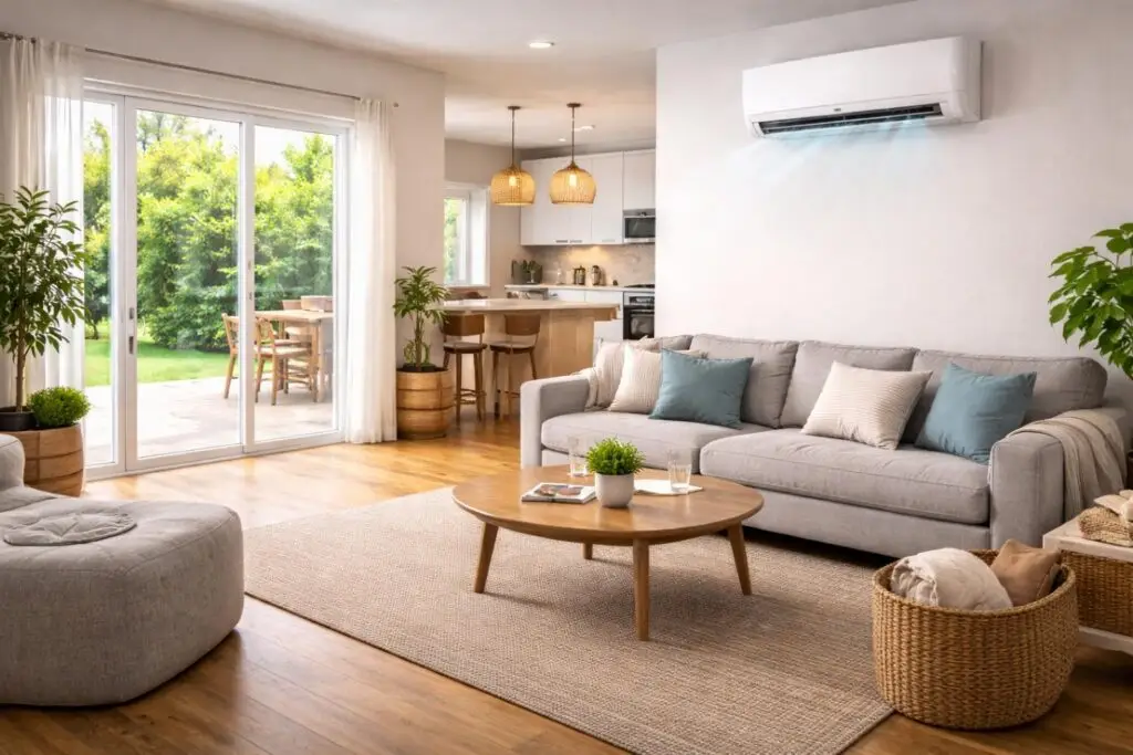 Wall-mounted mini split heat pump providing indoor climate comfort in living space