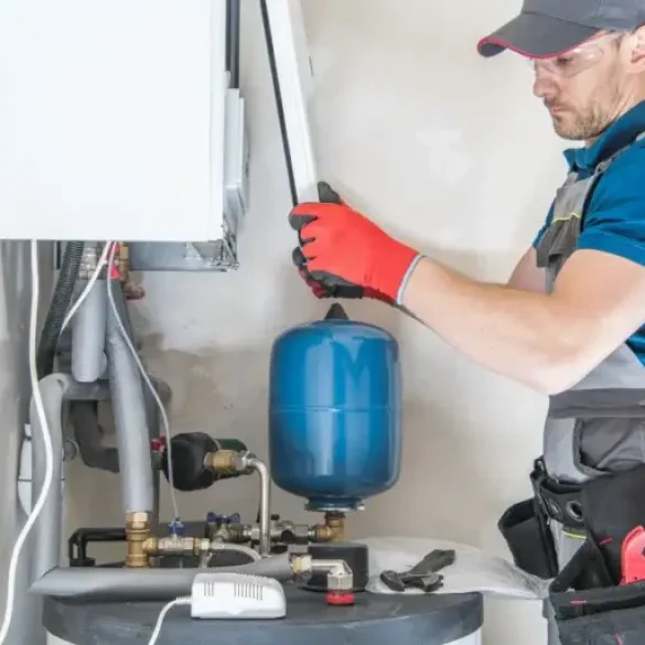 HVAC contractor checking residential gas heating system expansion tank